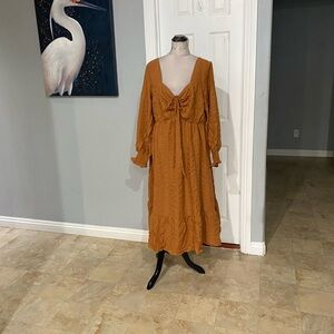 New Women 2X Long-sleeved, Tiered Maxi dress in Rust Color With Heart-String tie
